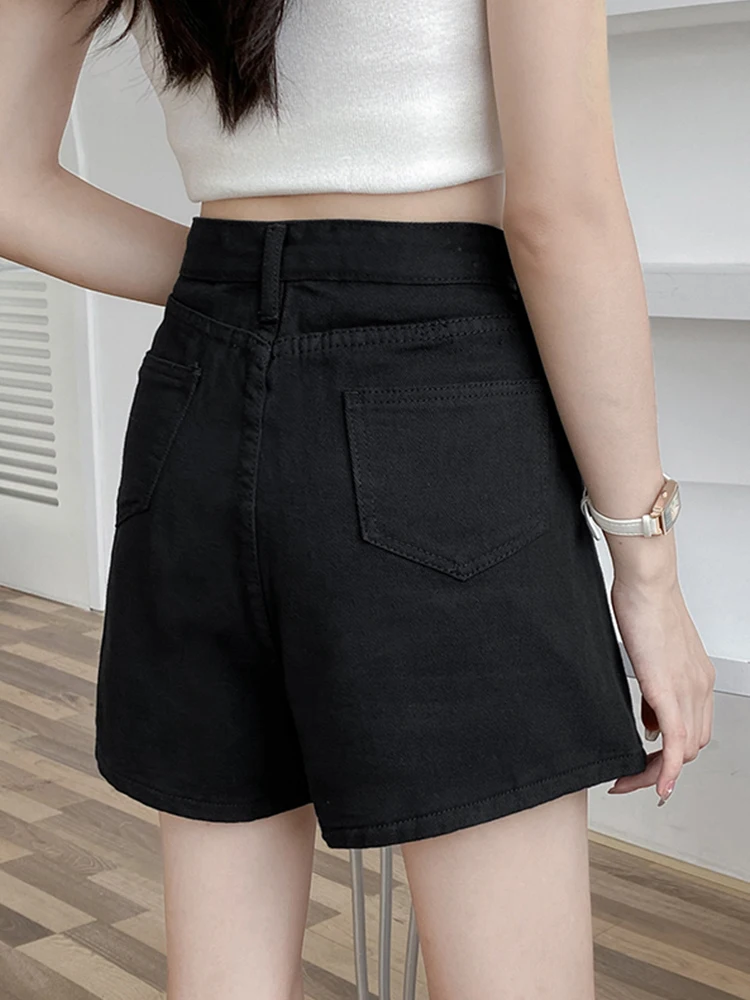 New Spring Summer Women High Waist Button Wide Leg Denim Shorts Casual Female Loose Black Jeans Shorts Ladies Bottoms