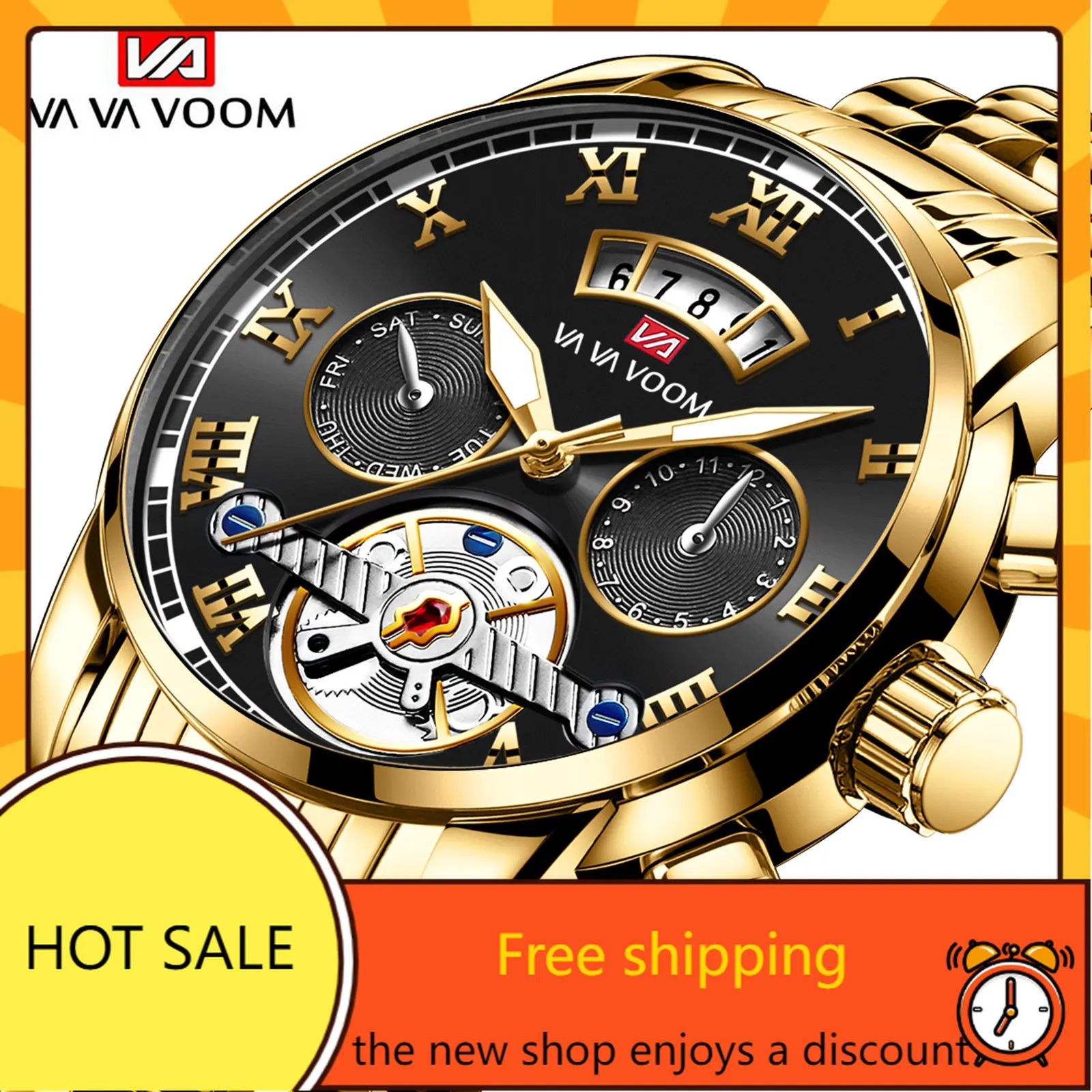 

Многофункциональные модные светящиеся водонепроницаемые кварцевые мужские часы с турбийоном из нержавеющей стали