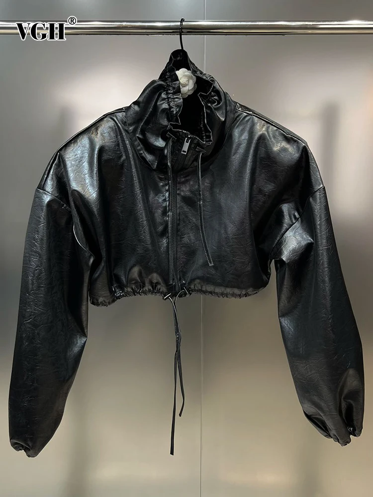 

Женское лоскутное кожаное пальто VGH, однотонное Свободное пальто с воротником-стойкой и длинным рукавом, на молнии, в минималистическом стиле