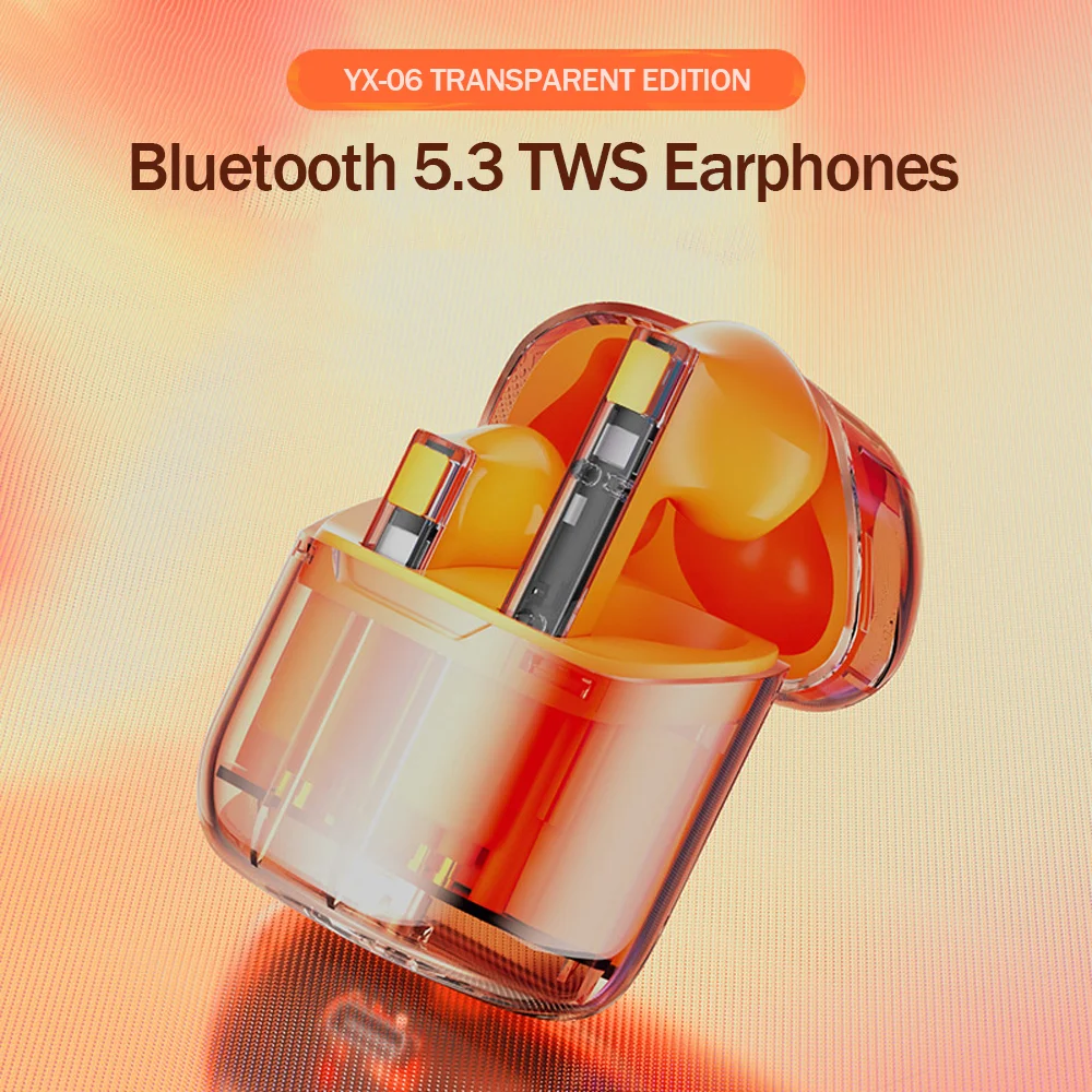 

Bluetooth 5.3 TWS Earphones Half in Ear Orange Transparent Headsets Smart Calling Noise Reduction Headphones for Xiaomi Huawei