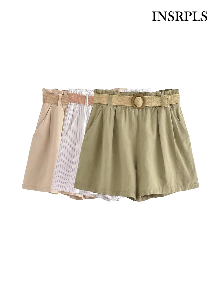 

INSRPLS Women Fashion With Belt Linen Paperbag Bermuda Shorts Vintage High Elastic Waist Front Pockets Female Short Pants Mujer