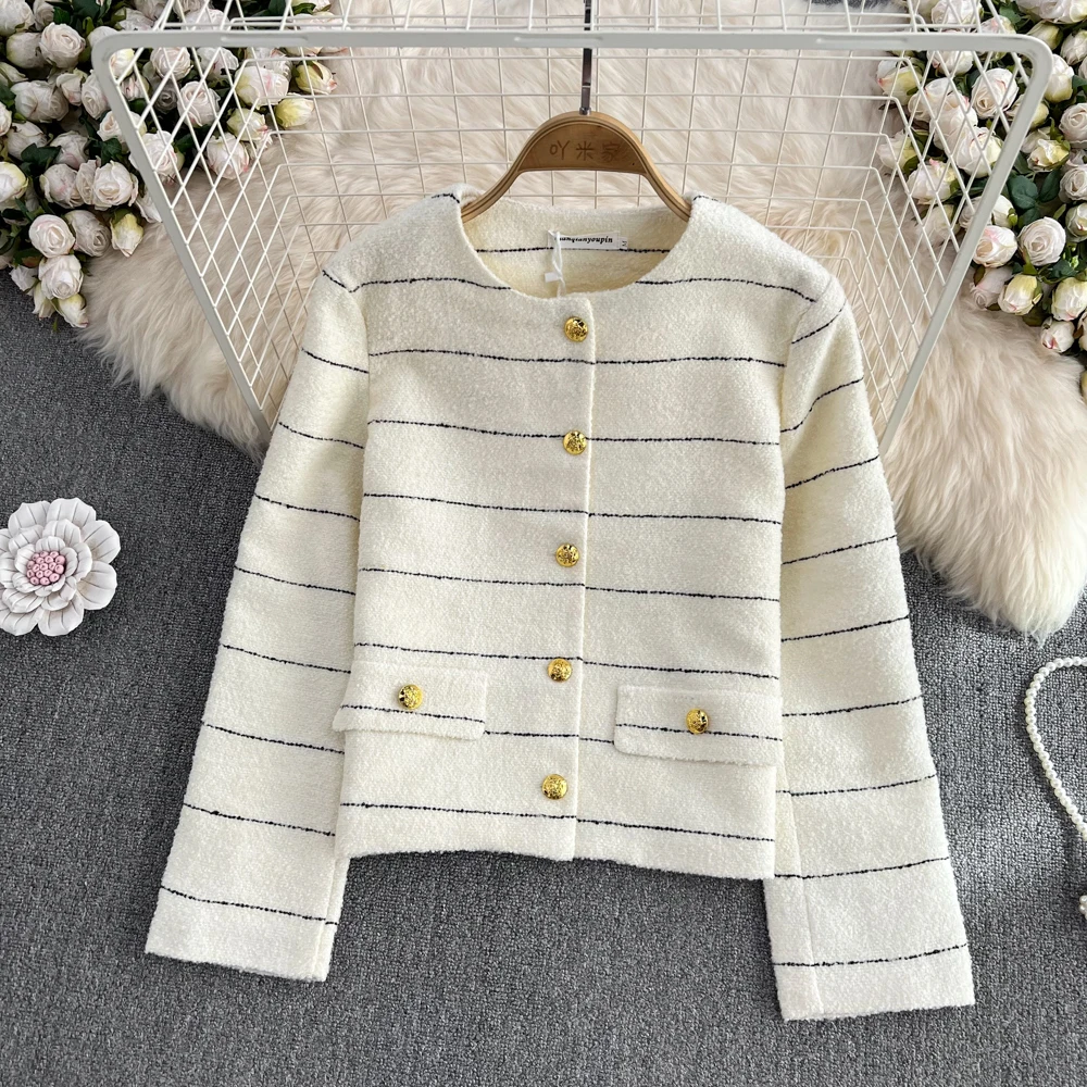 

New Arrival Women Tweed Coat Long Sleeve Temperament Simple Loose Casual All Match Striped Cardigan Elegant Vintage Jacket Tops