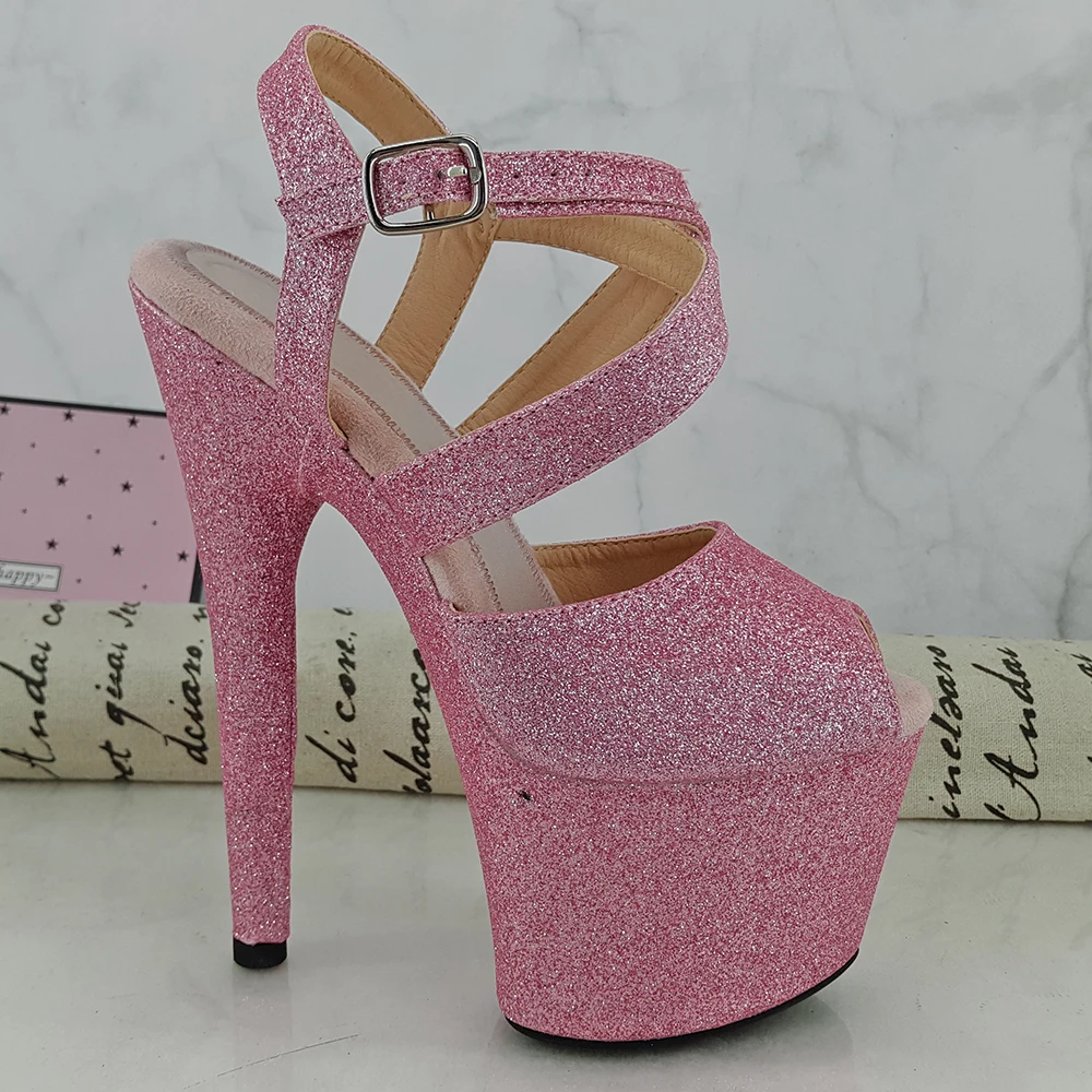Leecabe Pink Glitter  17CM/7inches Pole dancing platform Open toe Pole Dance shoes