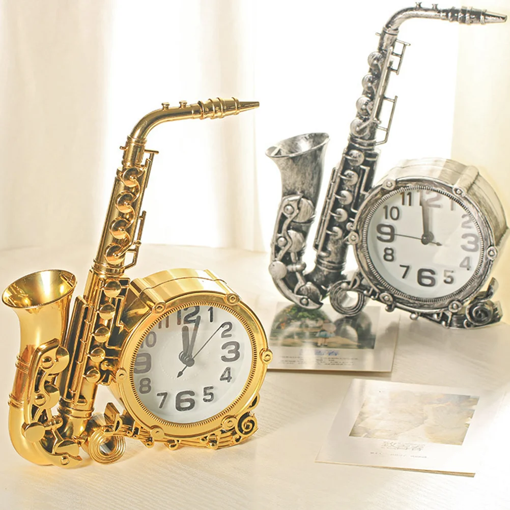 

Clock Alarm Saxophone Table Bedside Decorative Vintage Desktop Night Light Rustic Statue Decor Iron Silent Desk Clocks Farmhouse