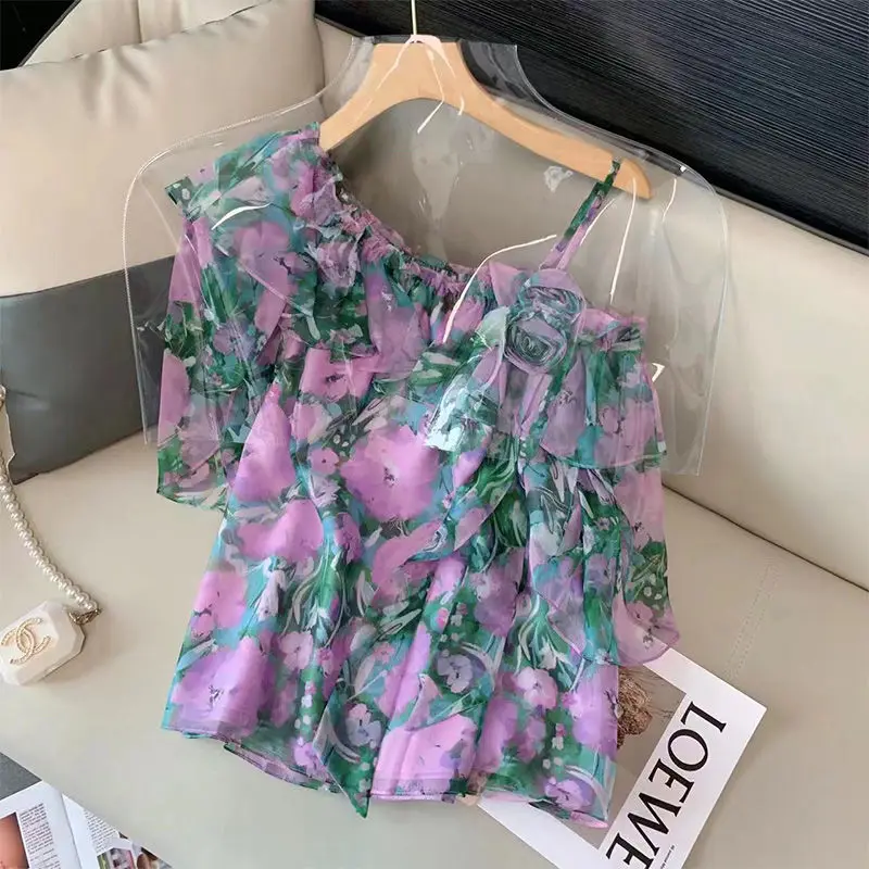 

Korean Chic Off Shoulder Short Sleeve Women Chiffon Blouses Vintage Elegant Print Summer Shirts Japanese Sweet Blusas Mujer