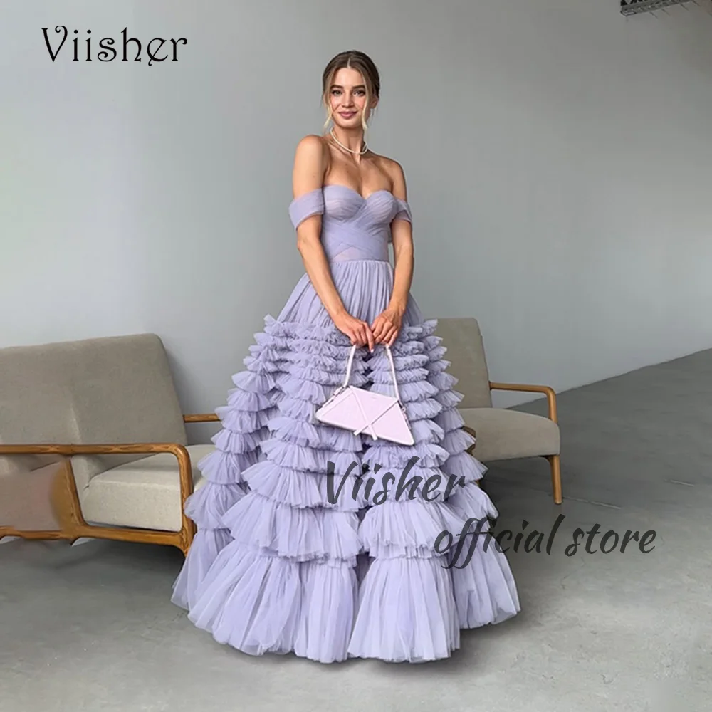 

Viisher Lavender Tulle A Line Prom Dresses Off Shoulder Princess Evening Party Dress Floor Length Celebrate Occasion Gowns