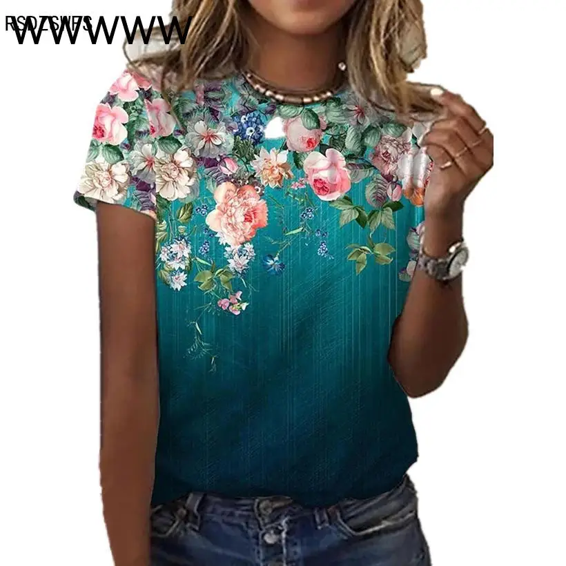 

2022 New Women's Rose Flower Pattern Printing Top Fashion Summer Short-sleeved Fashion Casual Plus Size 3D Rose Printing T-shirt