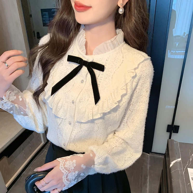Новая женская рубашка с длинным рукавом и оборками кружевная бантом блузка