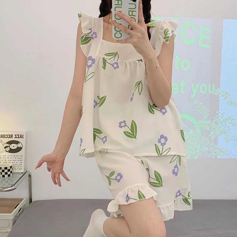 CAIYIER 2023 Summer Women Sweet Nightwear Soft Sleeveless Sleepwear Suit Square Collar Cute Bear Pajamas Set Lingerie Homewear