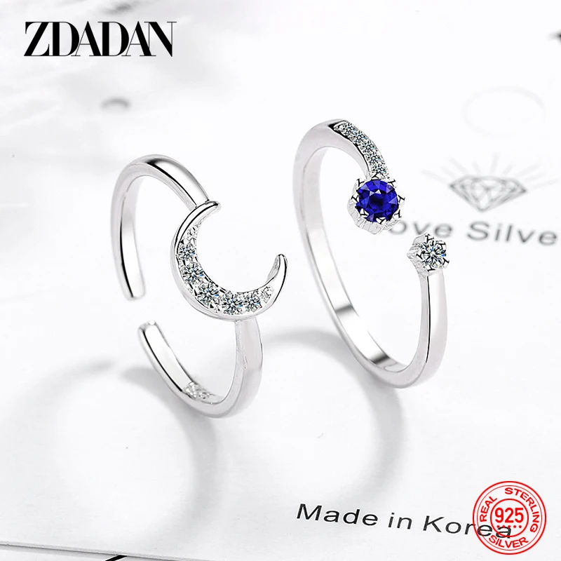 

ZDADAN 2 Pcs 925 Sterling Silver Moon Blue CZ Ring For Women Fashion Jewelry