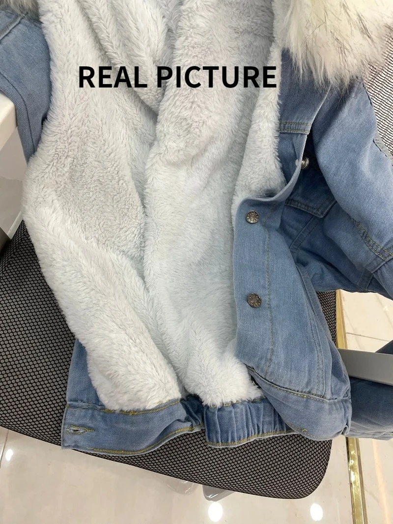 2021 Big Faux Fur Collar Denim Jacket Women Winter Hooded Warm Jean Jacket Student Basic Oversized Parkas Female Bomber Coat