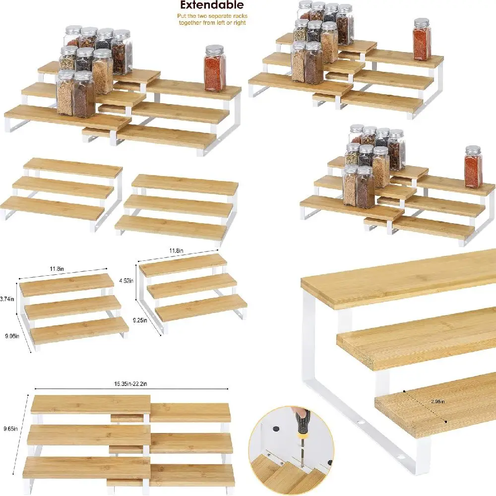 

Luxurious 4 Tier White Bamboo Expandable Step Shelf Spice Rack Organizer - The Best Kitchen Storage Solution for Savvy Homeowner