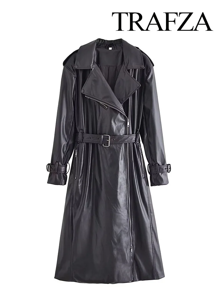 

TRAFZA Women's Fashion Black Belt Faux Leather Trench Coat Long Sleeve Flap Pockets Vintage Outerwear Overcoat Woman's Overshirt