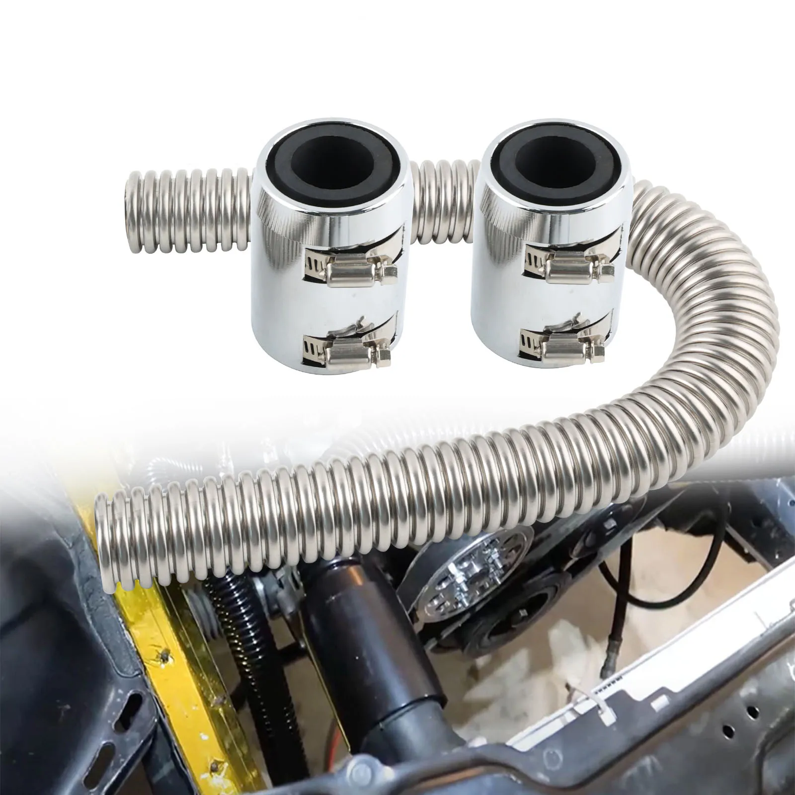 

24" (61cm) Stainless Steel Radiator Hose Flexible Coolant Water Hose Kit With 2 Chrome Caps Universal