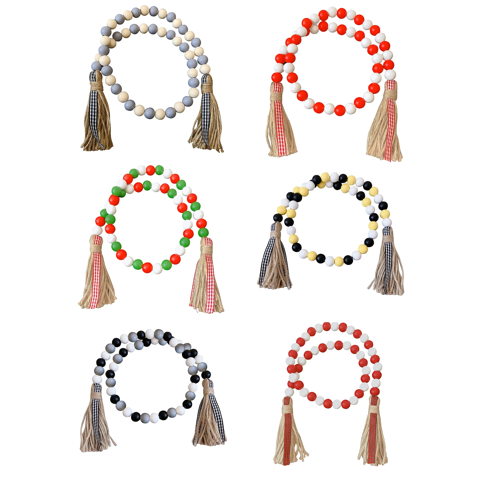 

Colored Wooden Beads Garland Rustic Farmhouse Beads Chian With Plaid Tassel Exquisite Wall Hangings Garland Beads Suitable For