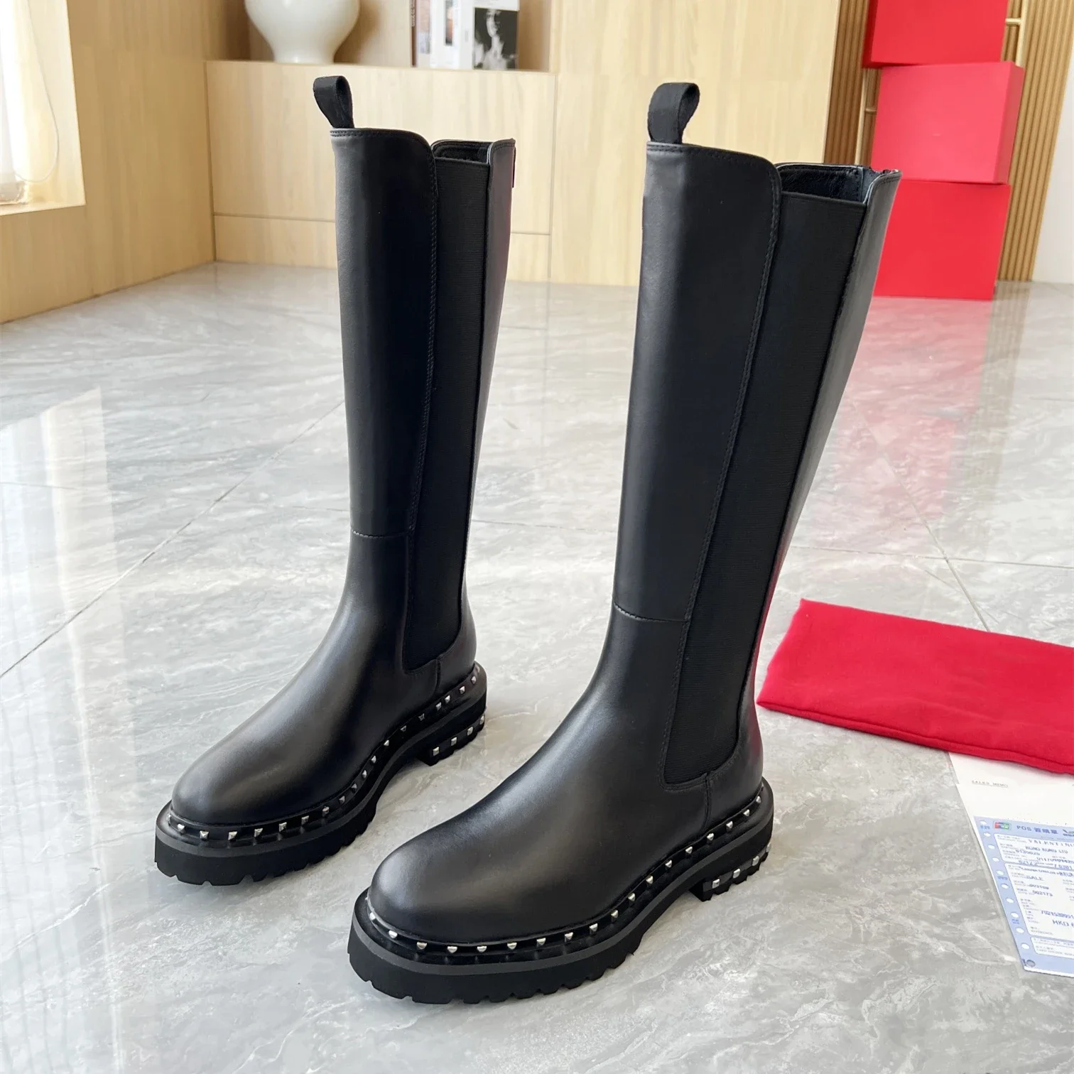 

New Shoes For Women Size35-41 Genuine Leather Chelsea Boots Med Heels Rivet Knight Boots Winter Designer Shoes Zapatillas Mujer