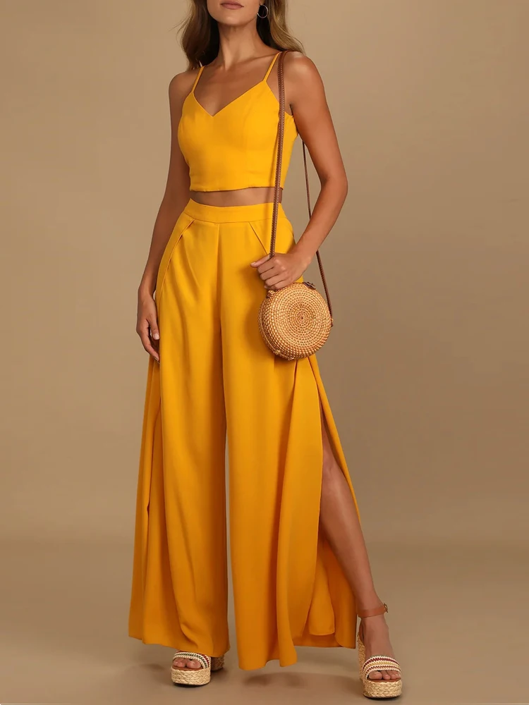 

2022 women's summer solid color chiffon suit two-piece sexy V-neck camisole + high-waist slit wide-leg pants two-piece casual