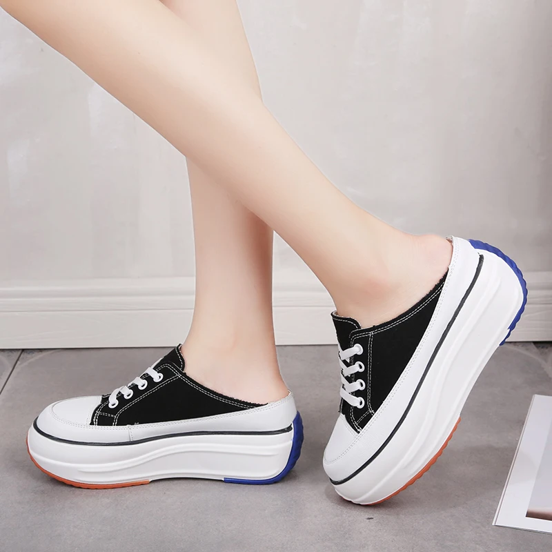 

2023 Summer New Half Slippers Baotou Without Heel Inside Increase Women's Sneakers Outdoor Canvas Walking Shoes Women Z091