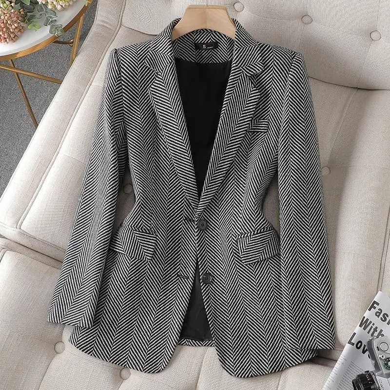Women Coffee Gray Stripe Formal Blazer New Long Sleeve Single Breasted Business Jacket Coat Ladies Office Blazers Outerwear 4XL