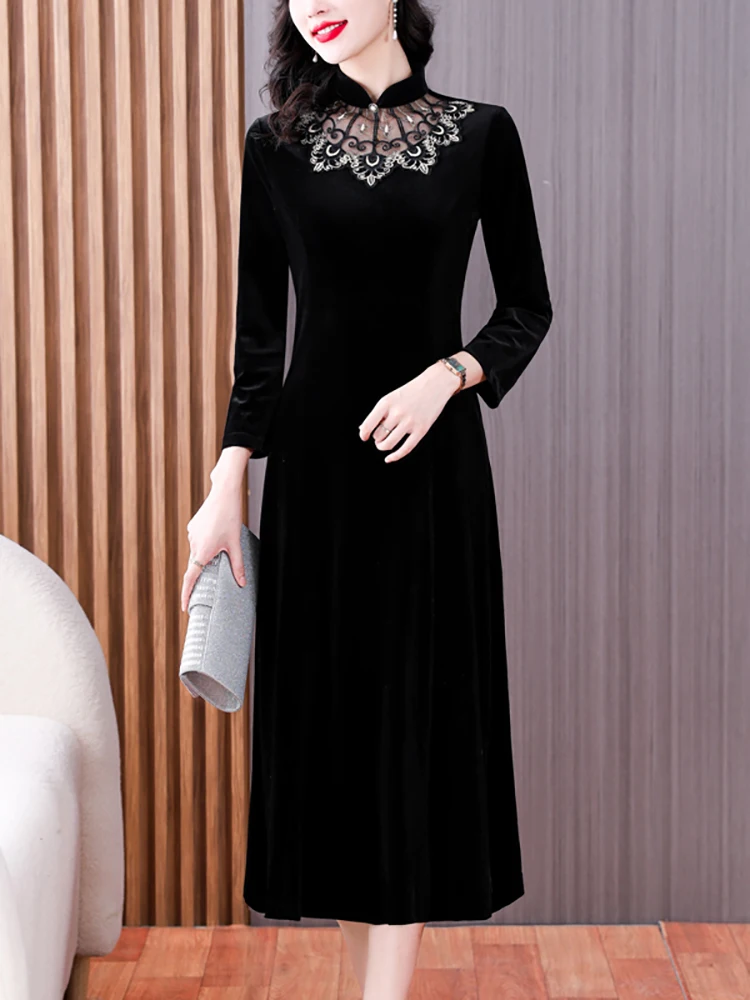 Женское бархатное платье средней длины Элегантное Длинное Свадебное с цветочной - Цена: 4419