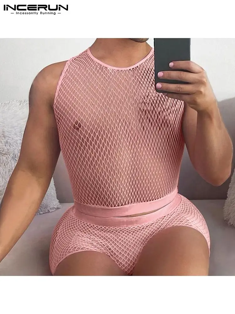 

Men Pajamas Sets Solid Mesh Transparent Homewear Sleeveless Tank Tops & Shorts Two Pieces Sexy Men Sleepwear Suits S-5XL INCERUN