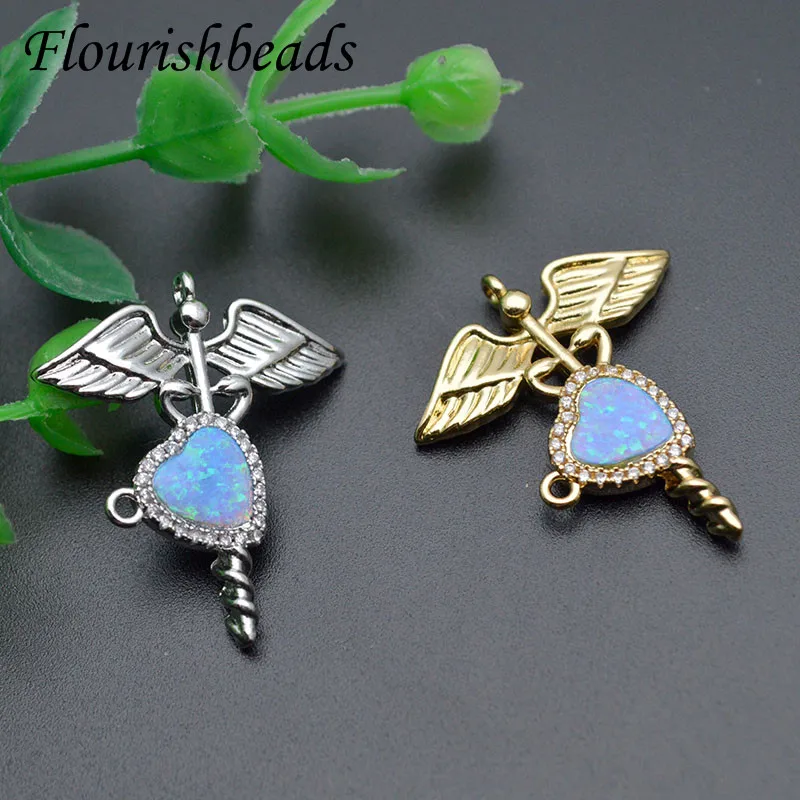 

Luxury Cubic Zircon Beads Paved Blue Opal Angel Wings Pendant Necklaces DIY for Women Gift Jewelry Making 5pcs