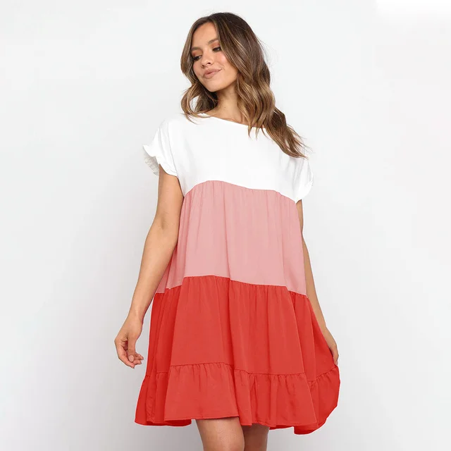 

2023 Summer Women Loose O Neck Short Sleeve Dress Casual Holiday Color Patchwork Ruffle Beach Maternity Dresses For Women