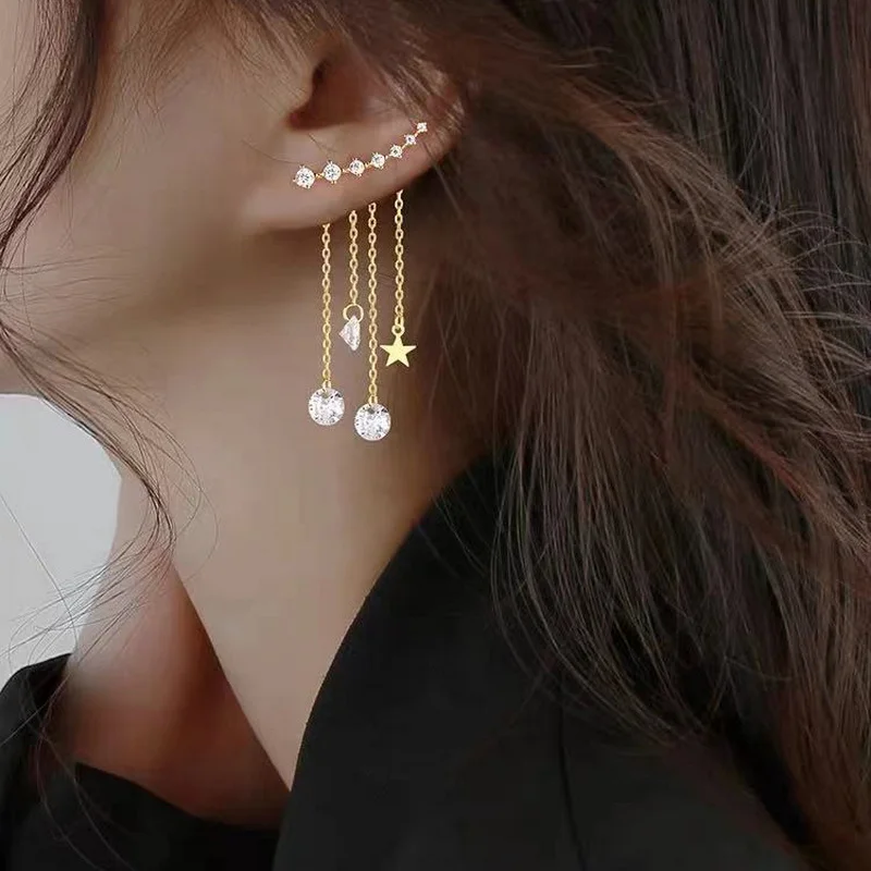 

Exquisite Temperament Star Crystal Tassel Drop Earrings Fashion Wedding Jewelry Heartbeat Love Heart Long Chain Fringe Earrings