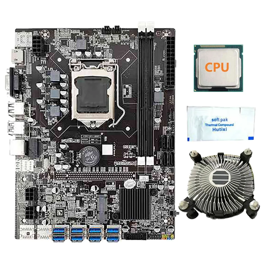 B75 BTC Miner Motherboard with Random CPU+Fan+Thermal Grease 8 USB3.0 to PCIE Slots LGA1155 DDR3 RAM SATA3.0 ETH Miner
