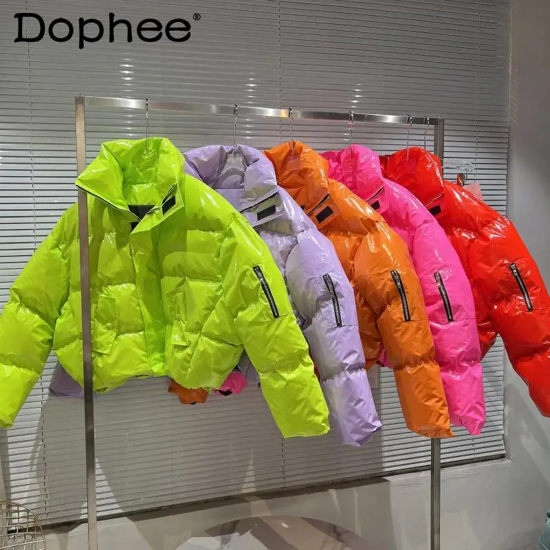 Zipper Sleeve Color Shiny Leather Stand-up Collar Cotton-Padded Coat Women Thick Warm Puffer Jacket Down Coat 2021 Winter Parkas