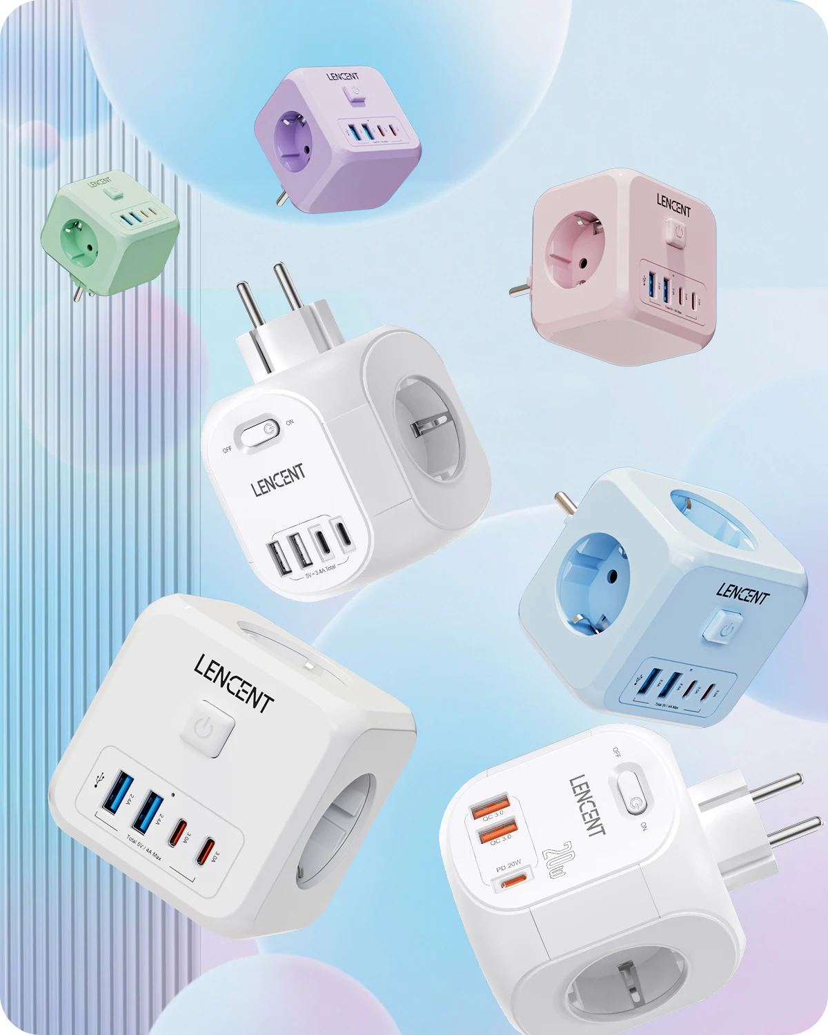 Фото Удлинитель-разветвитель LENCENT с вилкой EU, несколькими USB-портами, 3 розетками переменного тока, 3 портами USB-A и 1 портом Type-C №1