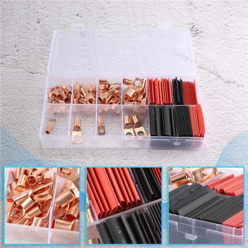 

150 Pcs Copper Wire Terminal Connectors, AWG 2 4 6 8 10 12 Ring Lug Kit with 70 Pcs Heat Shrink 80Pcs Battery Cable Lugs