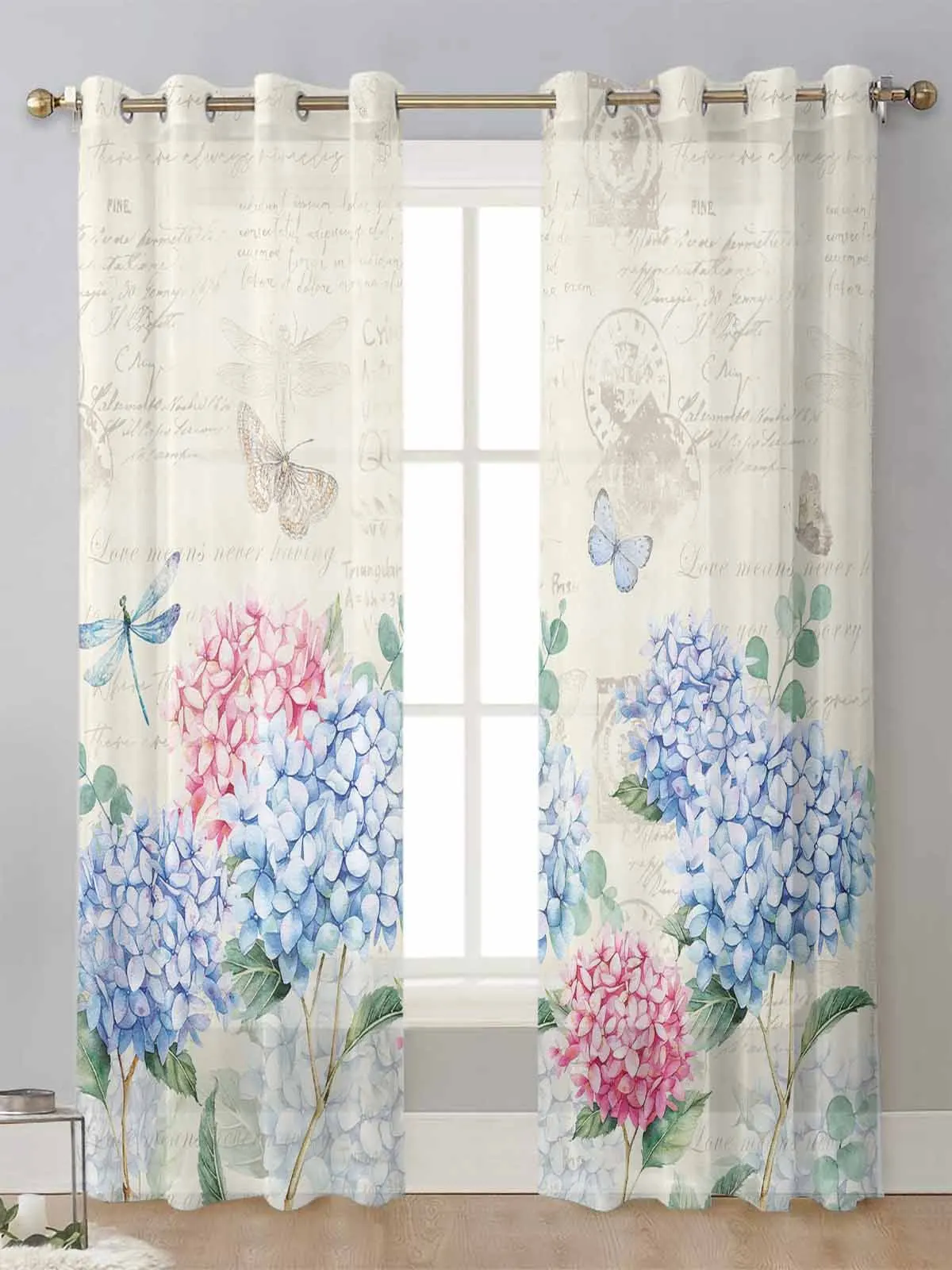 

Hydrangea Flower Dragonfly Vintage Sheer Curtains For Living Room Window Voile Tulle Curtain Cortinas Drapes Home Decor