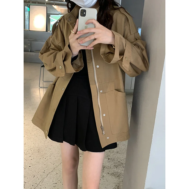 

Solid Color Women's Jackets 2022 Autumn Korean Chic Loose Casual Long-sleeved Work Jacket Tops Fashion Stand-up Collar Coats