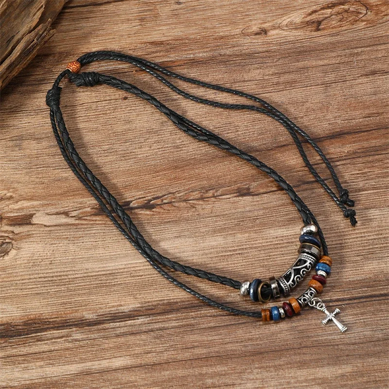 Ожерелье с крестом и подвески винтажное коричневое кожаное ожерелье для женщин