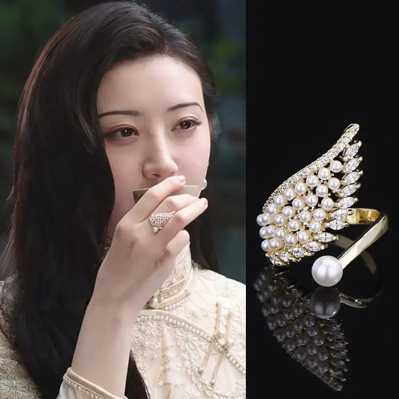 

Fashionable Imitation Pearl Wing Opening Ring Women's Personalized Index Finger Ring Jewelry for Women