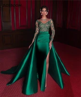 elegant mermaid formal evening dresses 2022 green illusion full long sleeves satin sexy slit crystals beaded party prom gowns