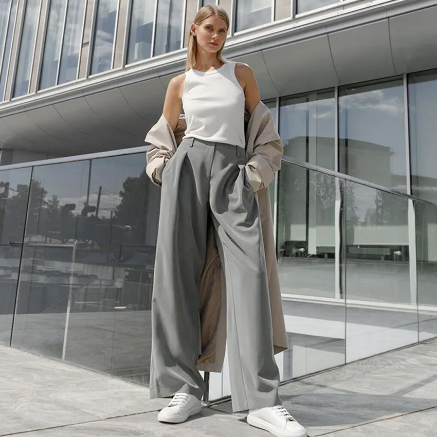 

Women's Soft Comfort Pants Autumn Basic Grey Office Lady Long Wide Trousers for Women High Waist Chic Women's Straight Pant