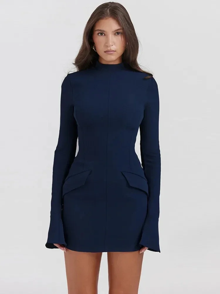 

Elegant Dark Blue Solid High Waist Mini Dress Women Fashion With Pocket Long Sleeve Bodycon Dresses 2023 Chic Party Club Robes