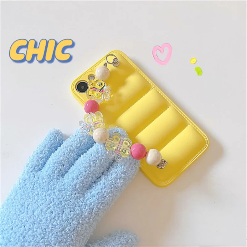 Korea Cute Butterfly beads Bracelet Wrist Chain Case For iphone 13 12 11 Pro Max 2022 Spring Yellow Down Jacket Soft Back Cover |