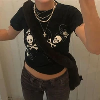 goth skull print t shirts short sleeves slim fit dark academia punk t shirts casual mini baby tee y2k women summer crop tops