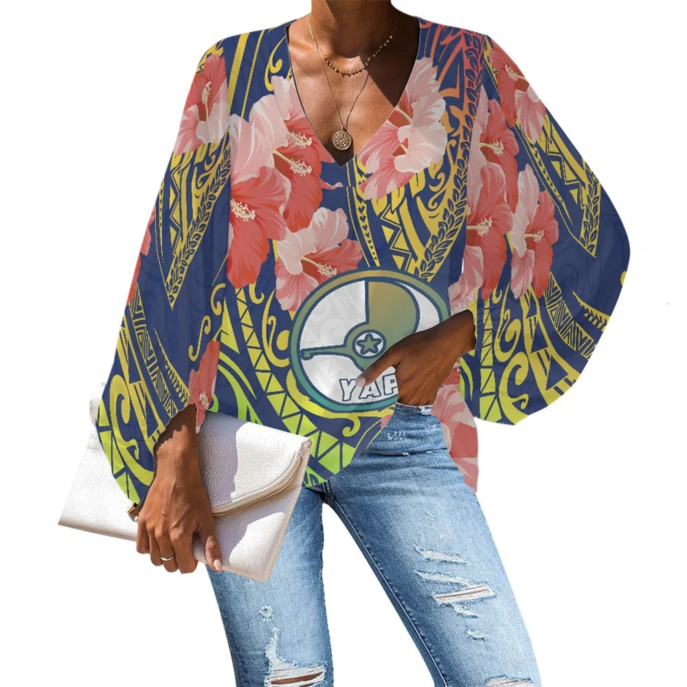 

Chiffon Loose Long Sleeve Shirt Polynesian Tribal Clothing YAP ISLAND Shirt Pink Hibiscus Print Custom Female Blouse Streetwear