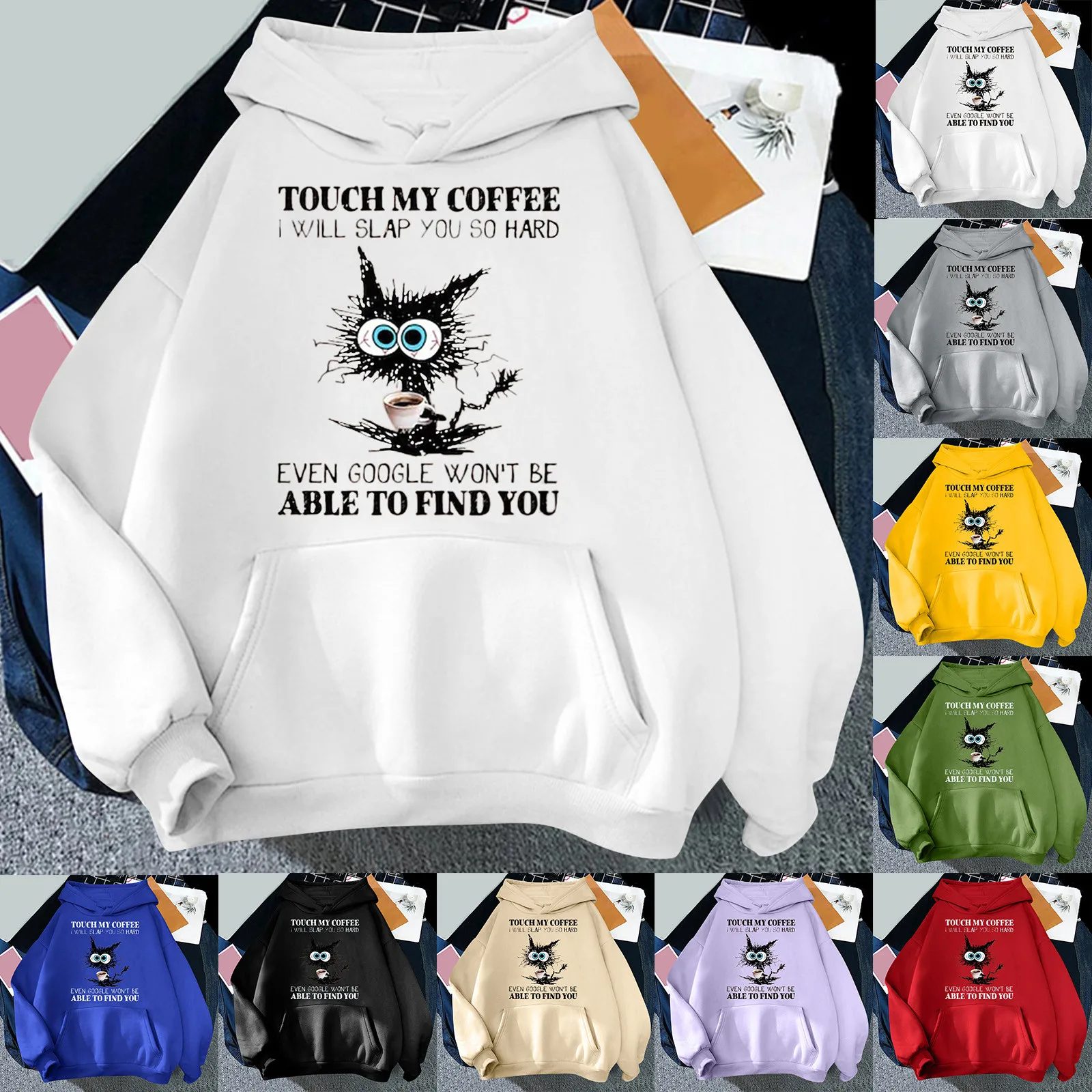 

Womens Solid Color Cute Cat Print Long Sleeve Hoodie Pullover Tops Color Hoodie for Women