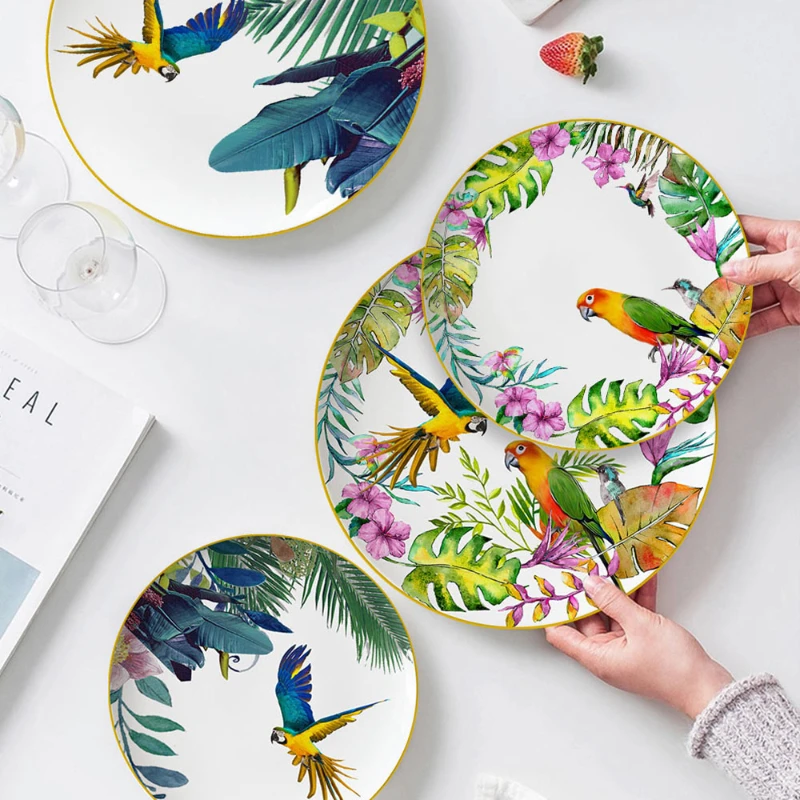 

Parrot Design Dishes and Plates Sets Hotel Household Bone Porcelain Dinner Plates