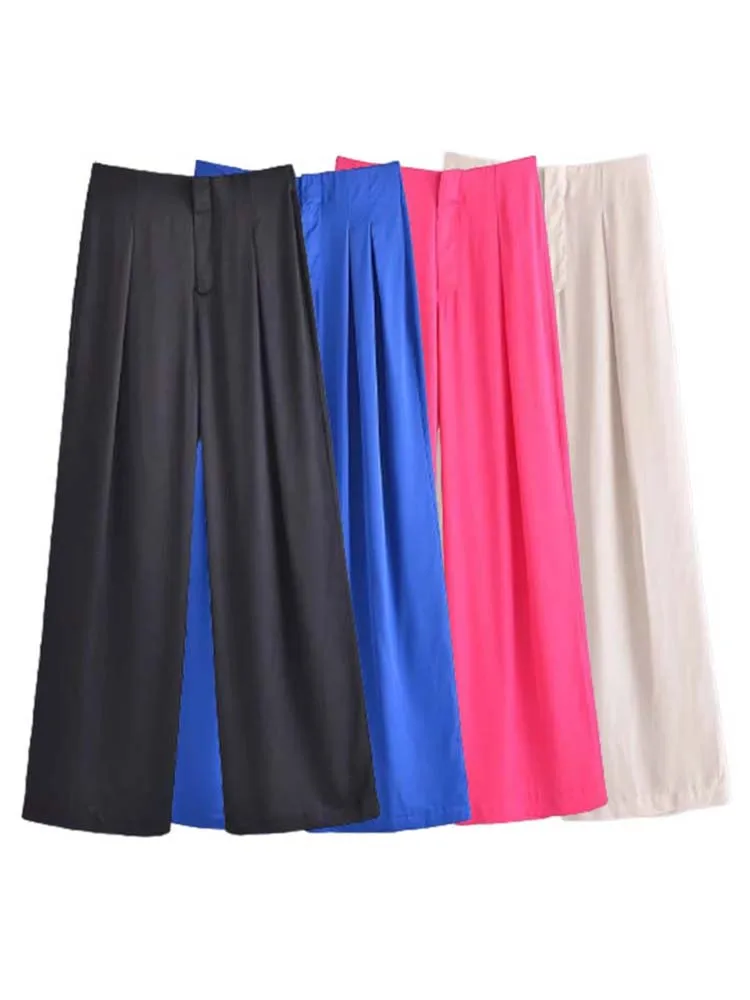 

Брюки TRAF женские атласные, Шикарные Модные Винтажные повседневные штаны с завышенной талией, на молнии, с боковыми карманами, 2022