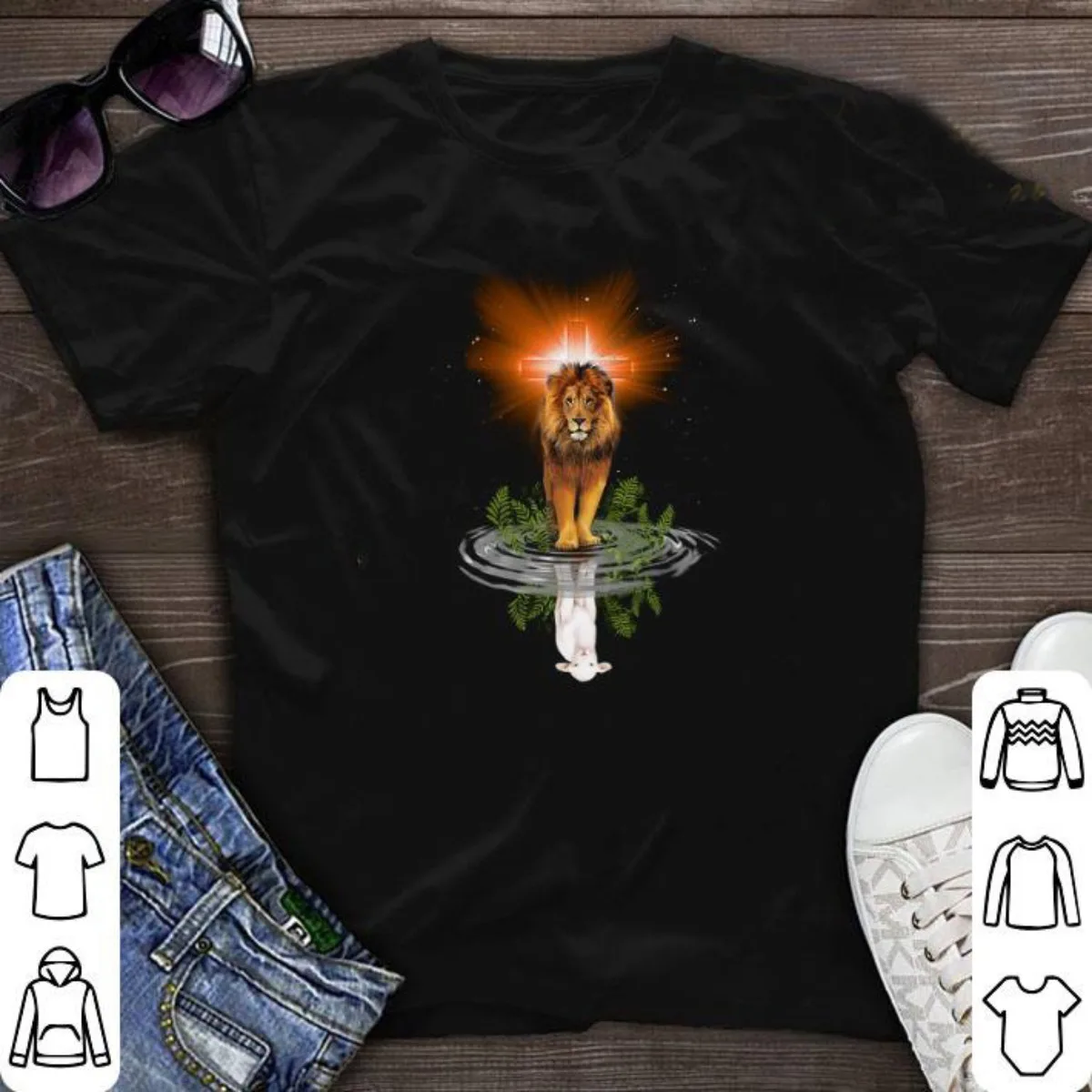 

The Lion of Judah Reflection Water Mirror Sheep Jesus Cross T-Shirt 100% Cotton O-Neck Summer Short Sleeve Casual Mens T-shirt