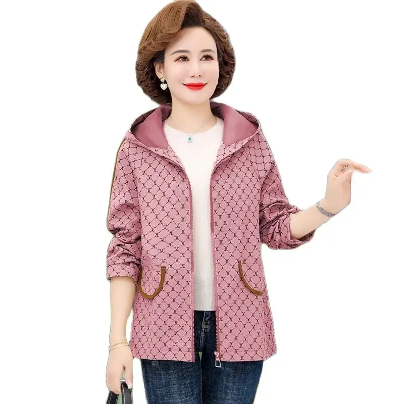 

Spring And Autumn New Loose Casual Short Windbreaker Middle-Aged Women's Top Fashion Mom Hooded Spring Thin Jacket Coat Woman5XL