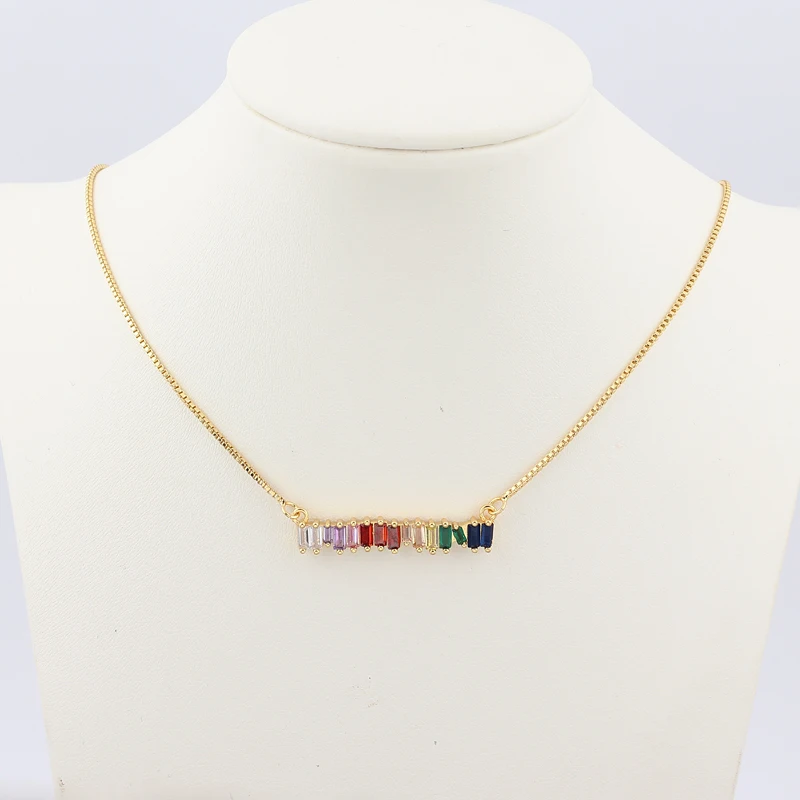 

Gold Filled Rainbow Bar Necklace Multi Color Baguette Conbic Zirconia Stone Long Choker Necklaces for Women Statement Jewlery