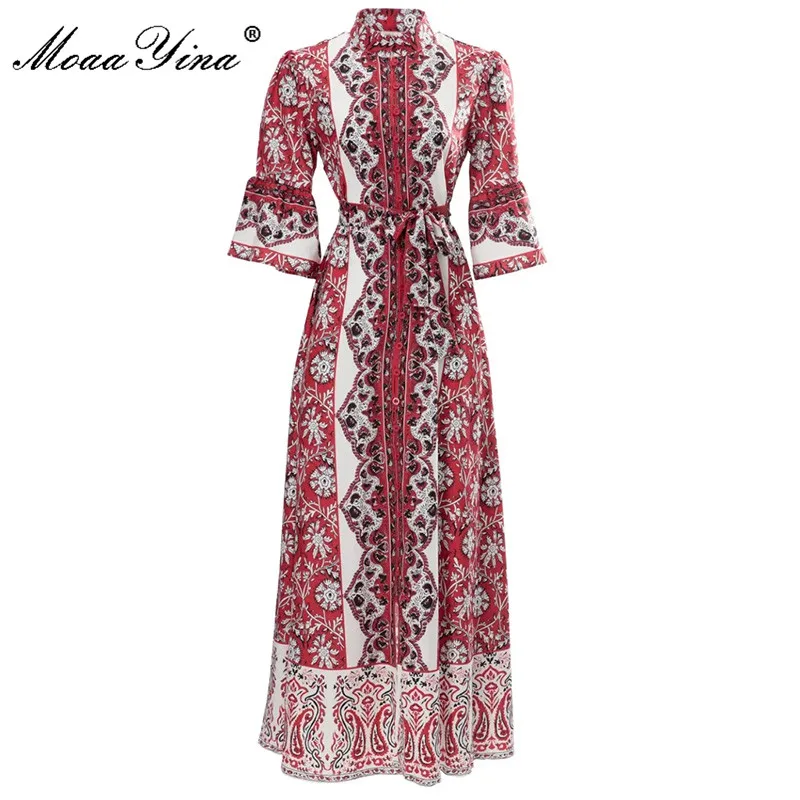 

MoaaYina Fashion Runway dress Summer Women Dress Stand Neck Belted Flower Printed Loose Red Vintage Flare Sleeve Party Dresses