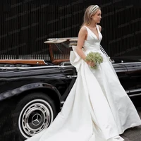 elegant a line white satin wedding dress sexy v neck floor length cap sleeve backless formal civil bridal gown for bride bow
